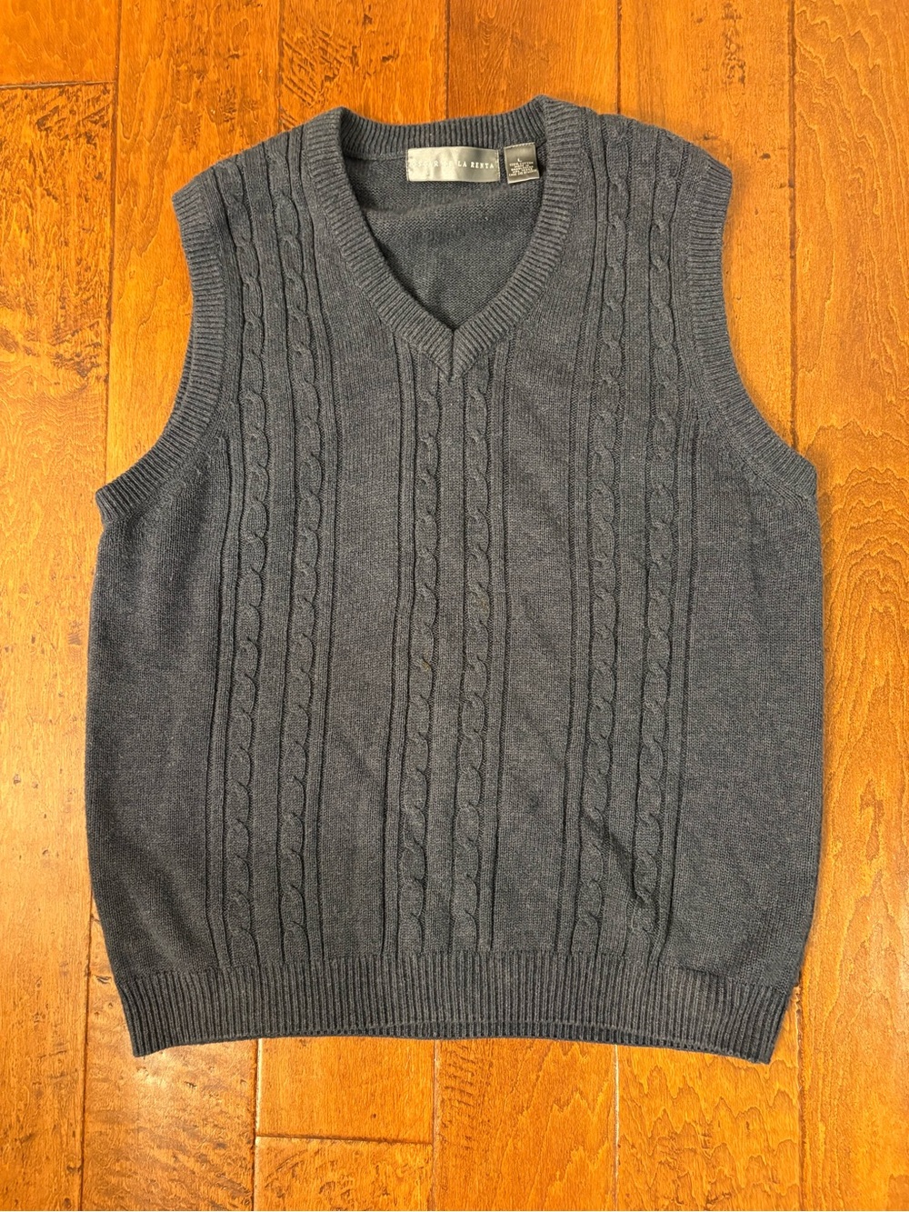 Oscar de la Renta Mens Blue Cable Knit V-Neck Cotton Sweater Vest Size L